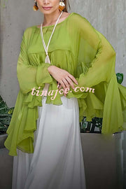 Romantic Journey Chiffon Ruffle Batwing Sleeve Top and Elastic Waist Pocket Loose Pants Set