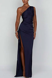 Fits Your Curves Satin One Shoulder Drape Slit Maxi Dress