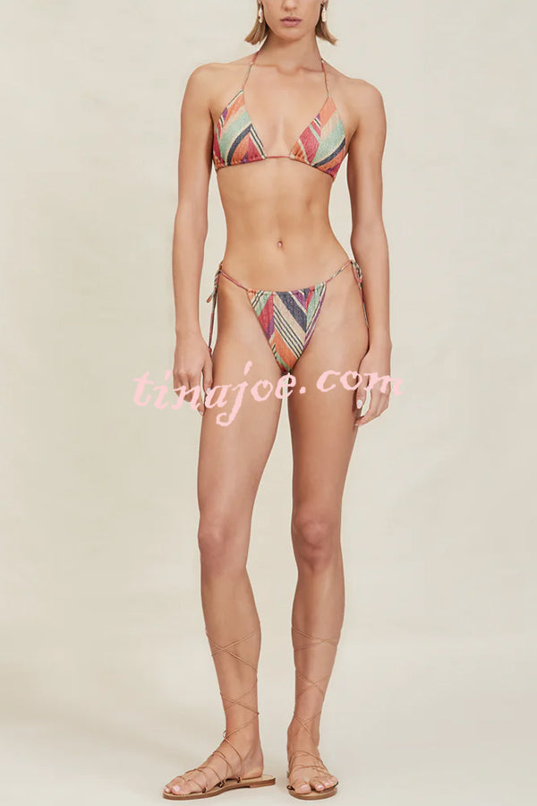 Gypsy Girl Triangle Pattern Beaded Halter Tie-up Stretch Bikini Set