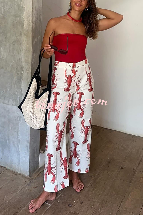 Fun Vacation Lobster Print High Rise Straight Pants