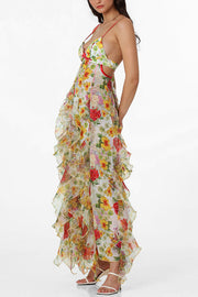 Sunrise Goddess Chiffon Roses Print Ruffles Tiered Trim Maxi Dress