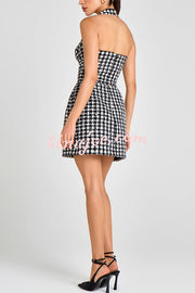 Mila Check Bouclé-tweed Fabric Halter Sweetheart Neck Gold Button Pocketed Mini Dress