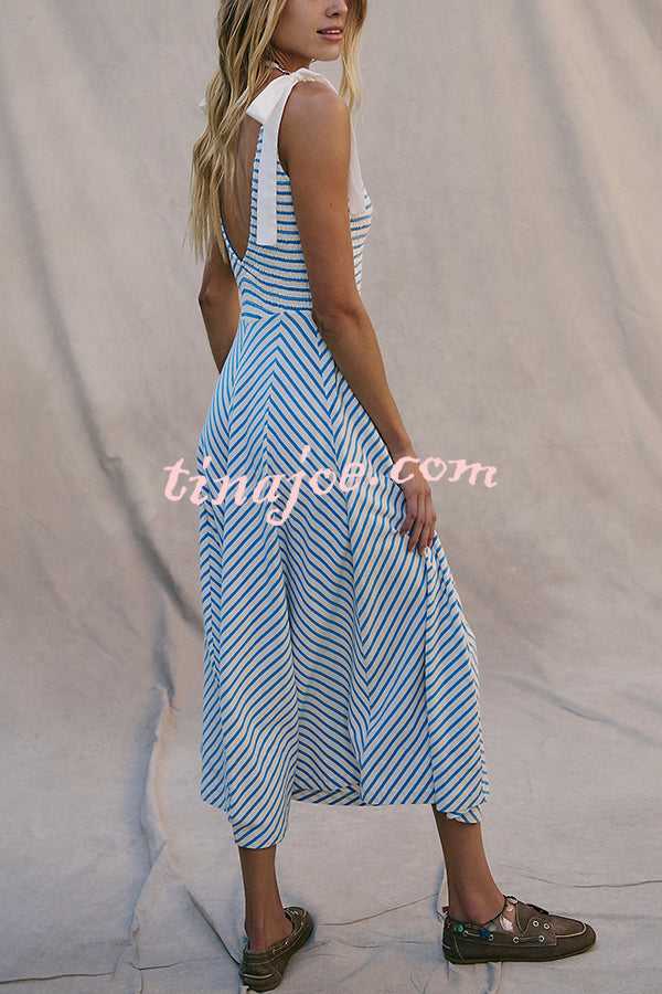 Striped Print V-Neck Lace-Up Backless Holiday Midi Dress