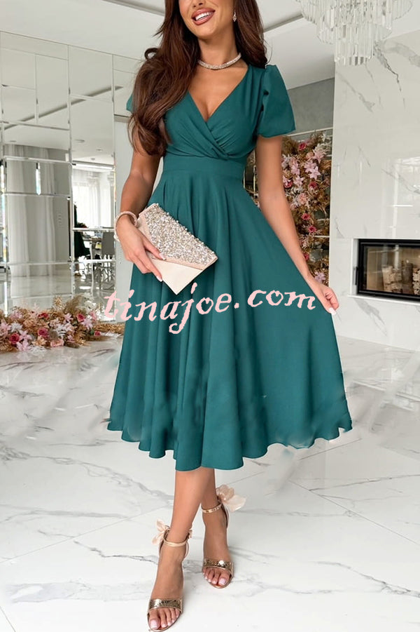 Zayla Solid Color Puff Sleeve V-neck Waist Slim Fit Midi Dress