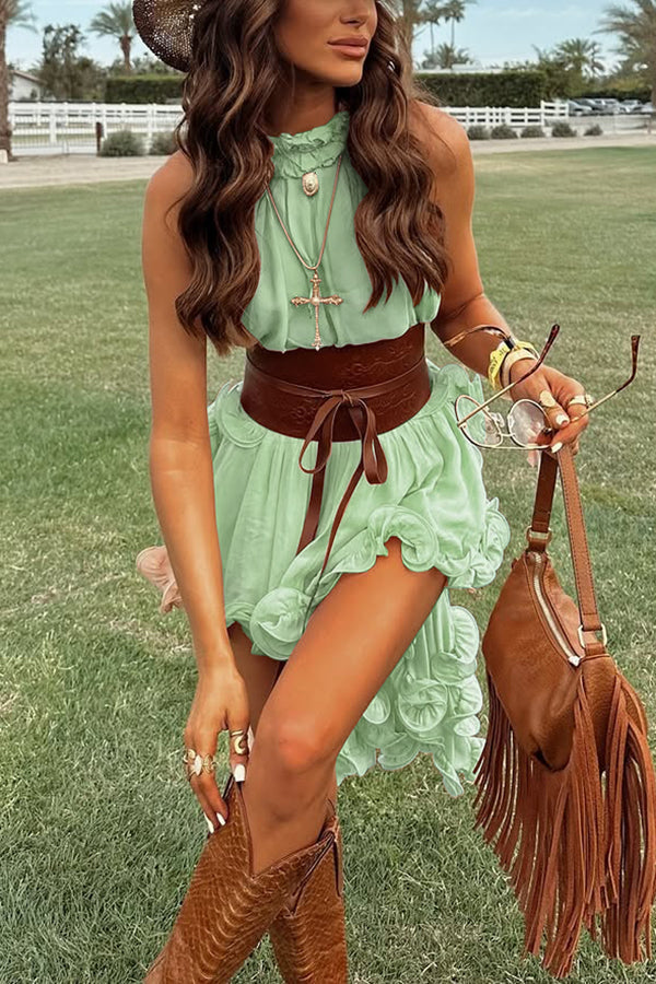 Romantic Drama Chiffon Wavy Ruffles Halter Irregular A-line Top
