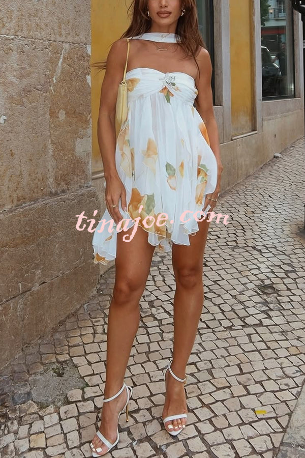 Arabella Floral Print Starfish Brooch Inverted Halter Neck Slit Ruffles Mini Dress