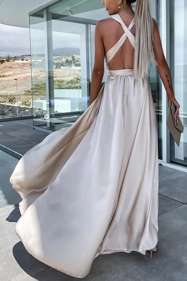 Different Elegant Effects Satin Free Tie Neck Slit Maxi Dress