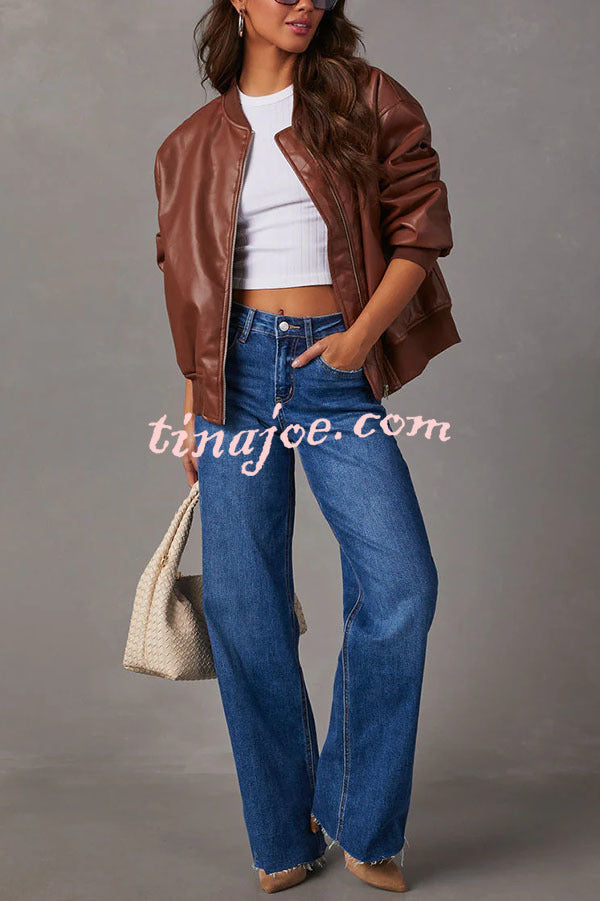 Solid Color Long Sleeve Loose Pocket Leather Jacket