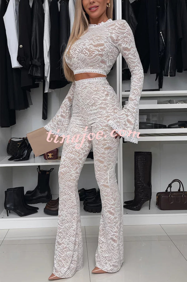 Sexy Charming Lace Bell Sleeve Crop Stretch Top and High Waist Stretch Flared Pants