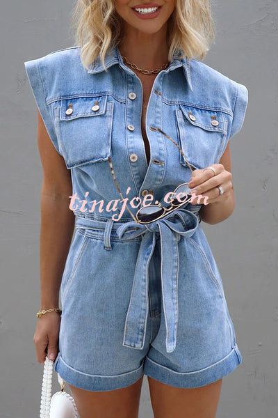 District Utility Denim Button Up Pocket Belted Romper