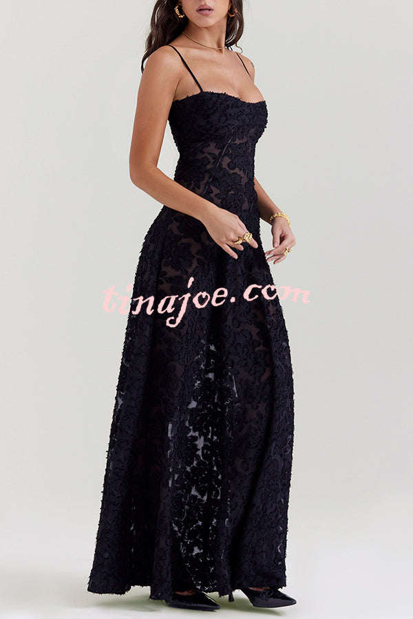 Romantic Vintage Feel Jacquard Fabric Back Lace-up Slip Floaty Maxi Dress