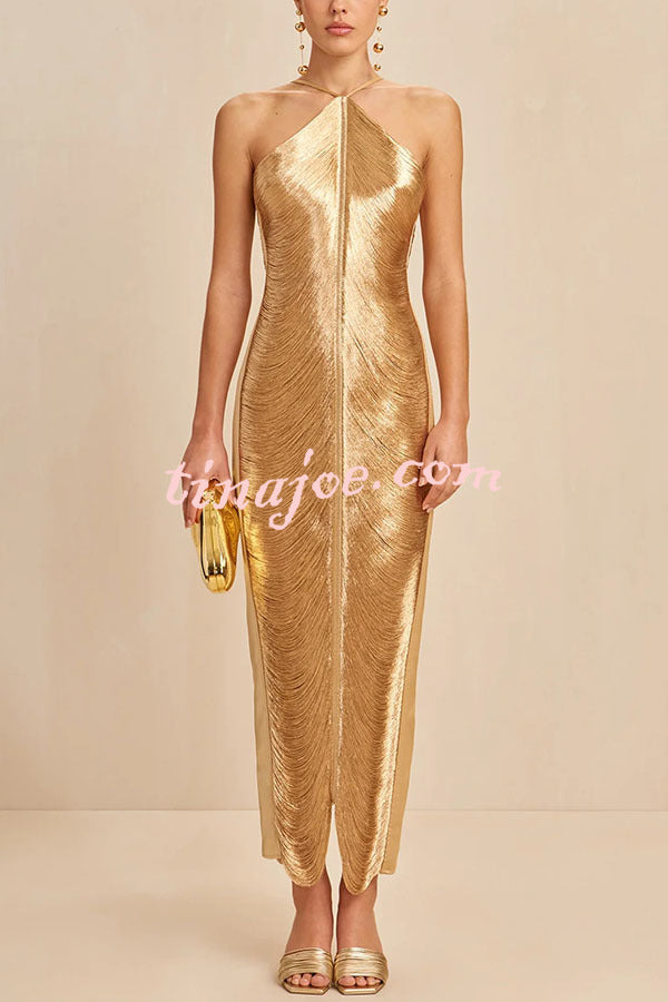 Sexy Allnight Metallic Halterneck Backless Fringed Slit Maxi Dress