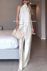 Modern Day Glam Satin Halter Tie-up Tank and Elastic Waist Wide Leg Pants Set