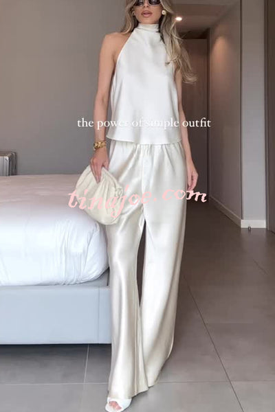 Modern Day Glam Satin Halter Tie-up Tank and Elastic Waist Wide Leg Pants Set