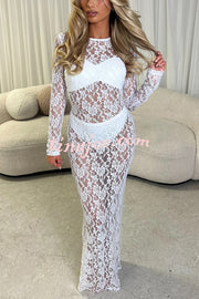 Solid Color Round Neck Long Sleeve Sexy Lace Slim Fit Cover-up Maxi Dress