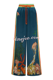Linen Blend Unique Print Lapel Short Sleeve Shirt and Elastic Waist Loose Pocket Wide Leg Pants Set
