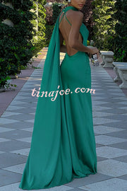 Crush on You Satin One Shoulder Backless Cape Maxi Dress