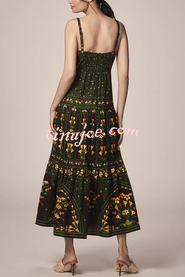 Tropical Look Linen Blend Floral Print Square Neck Back Smocked Midi Dress