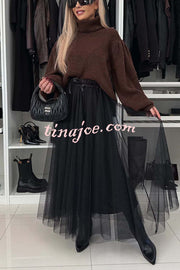 Romantic Winter Tulle Bow Elastic Waist Pleated Maxi Skirt