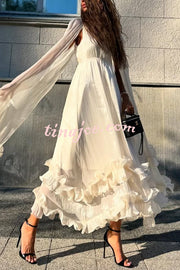 Fashionable V-neck Lace-up Ruffled Double-layer Hem Maxi Dress