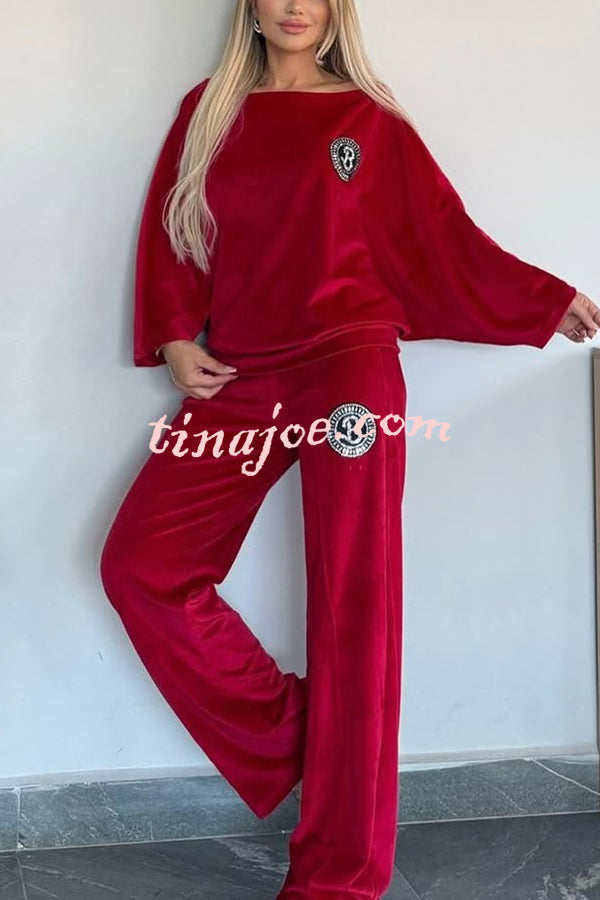 Solid Color Velvet Round Neck Bat Sleeve Casual Top and Elastic Waist Loose Pocket Pants Set