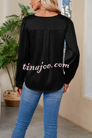 Satin Pleated V-neck Long-sleeved Loose Shirt