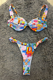 Beach Scenery Print Suspender Bikini