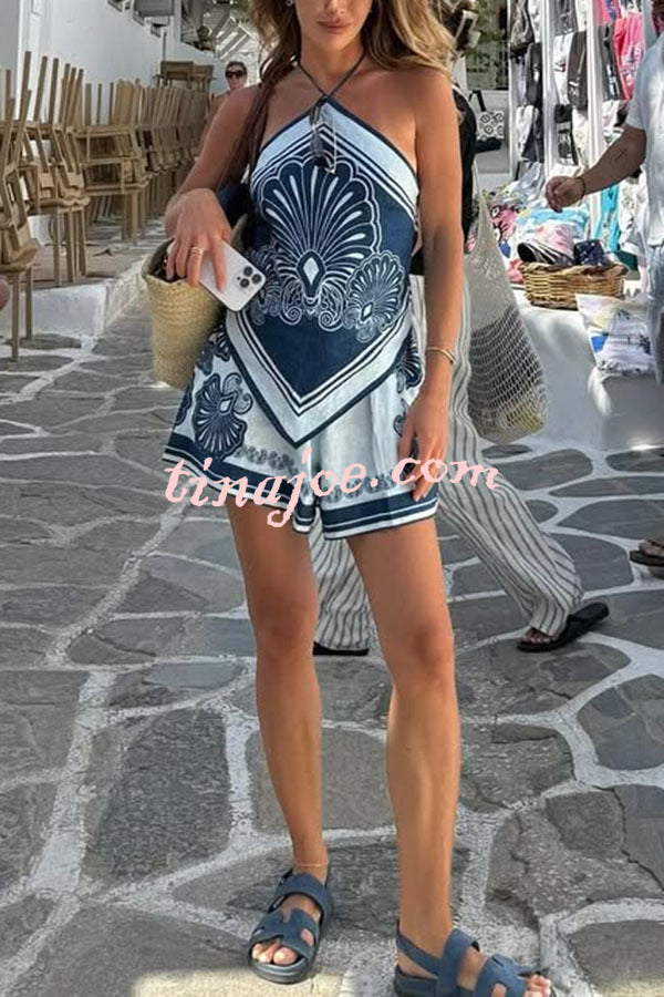 Jiya Linen Blend Unique Print Halter Scarf Tank and Elastic Waist Pocket Shorts Set