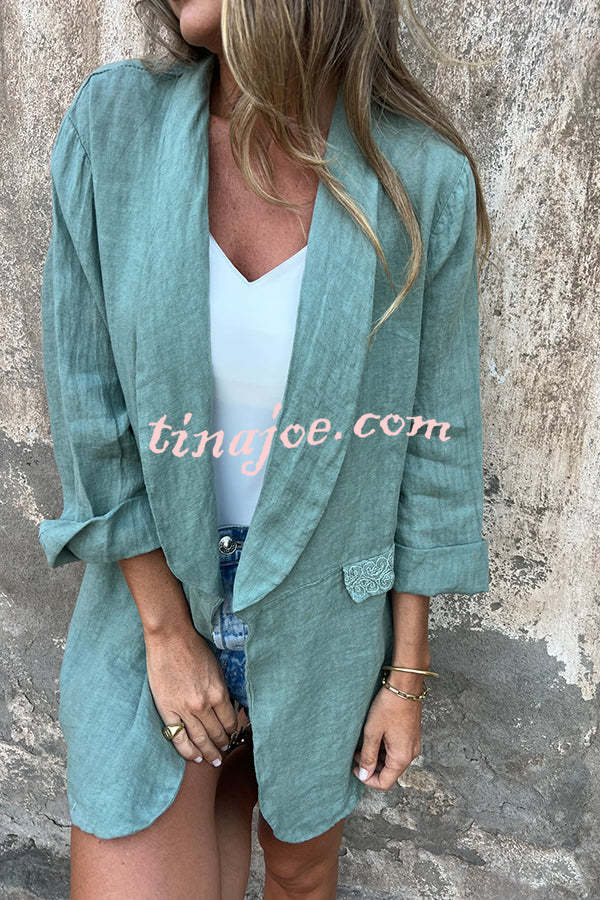 Olivia Linen Blend Lace Trim Half Sleeve Lapel Relaxed Blazer