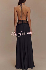 Seductive Details Satin Lace Waist Halter Tie-up Backless Maxi Dress