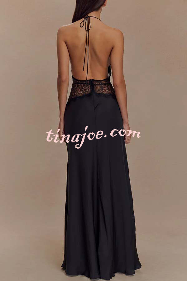 Seductive Details Satin Lace Waist Halter Tie-up Backless Maxi Dress