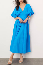 Antibes Linen Blend Princess Line Pleated Wide Puff Sleeve Midi Dress