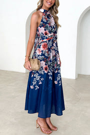 Floral Print Halterneck Tie Zip Smocked Maxi Dress