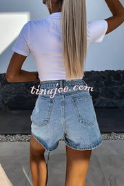 Fashion Rhinestone Loose Pocket Denim Shorts