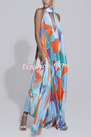 Opera Pleated Colorblock Camouflage Print Cutout Halter  A-line Maxi Dress