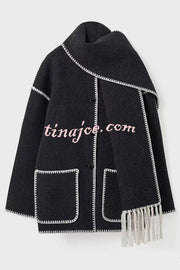 Stylish Loose Pocket Long Sleeve Coat and Warm Fringed Scarf