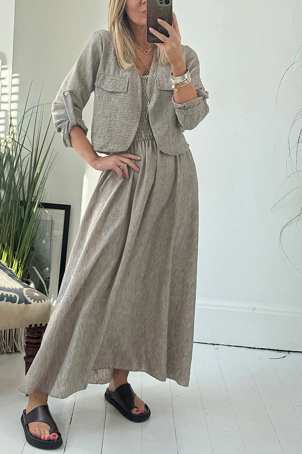 Solid Color Casual Short Jacket and Suspender Pleated Maxi Dress Set