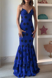 Eliora Mesh Polka Dot Print Gathered Bust Layered Fishtail Hem Maxi Dress