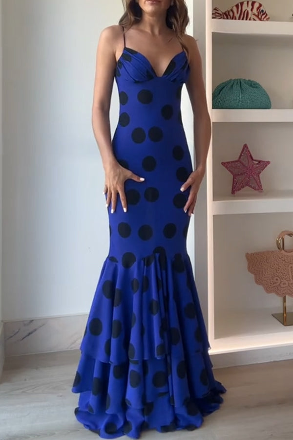 Eliora Mesh Polka Dot Print Gathered Bust Layered Fishtail Hem Maxi Dress