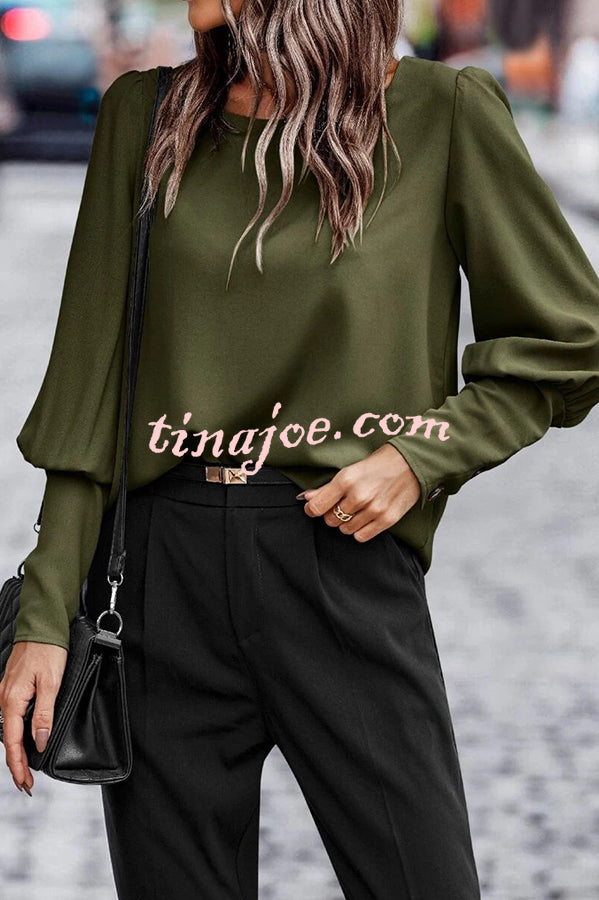 Long Sleeve Back Button Solid Color Casual Top