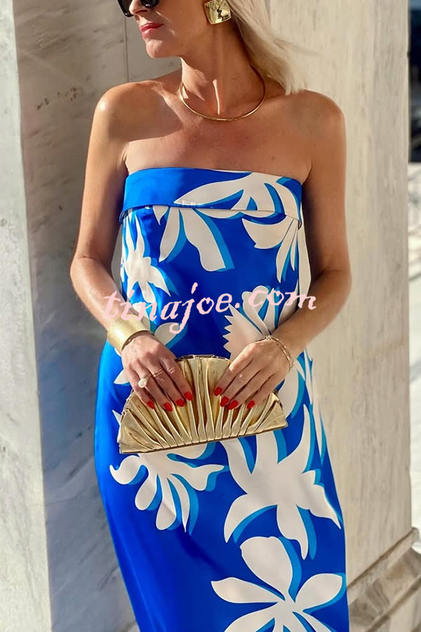 Fashion Vacation Satin Unique Print Off Shoulder Maxi Dress