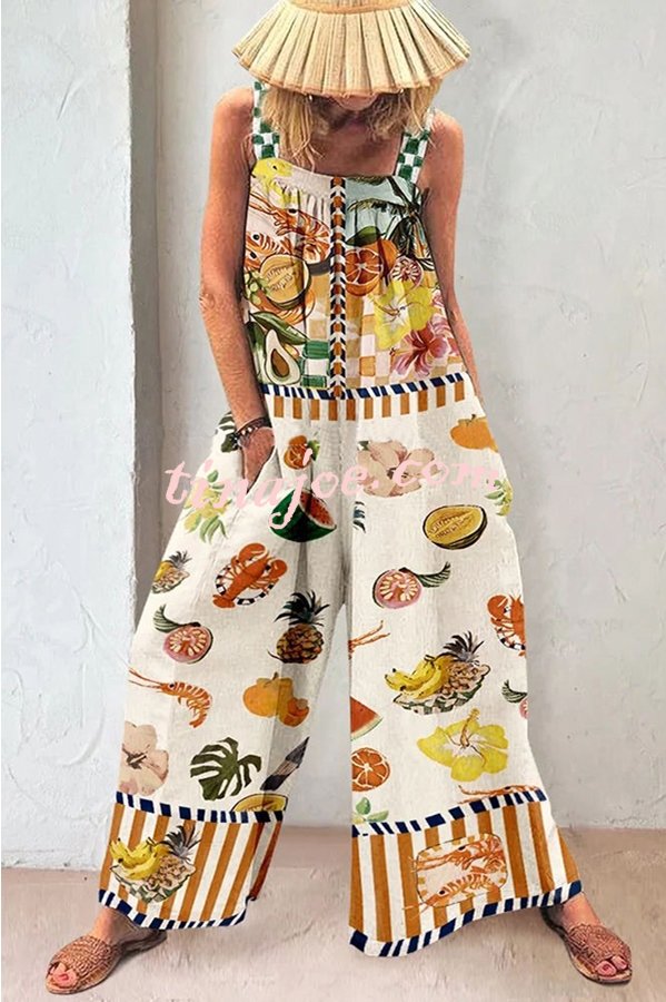 Good Timing Linen Blend Tropical Fruit Print Pocketed Wide Leg Jumpsuit