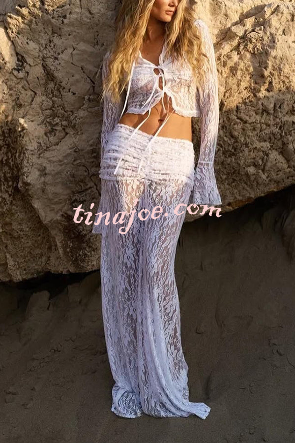 Sexy Lace Long-sleeve Lace-up Top and Pleated Sheer Maxi Skirt Set