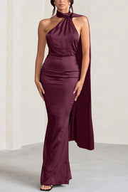 VIP Party Satin Asymmetric Scarf Neck Backless Maxi Dress