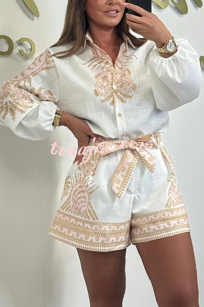 Linen Blend Unique Print Puff Sleeve Shirt and Waist Tie Loose Shorts Set