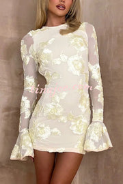 Floral Embroidery Round Neck Long Sleeve Sexy Slim Fit Mini Dress