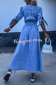 Solid Color V-neck Button-down Denim Midi Dress