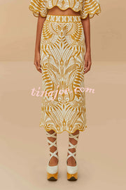 Korra Linen Blend Unique Print Wave Trim Bell Sleeve Top and Elastic Waist Pocket Midi Skirt Set