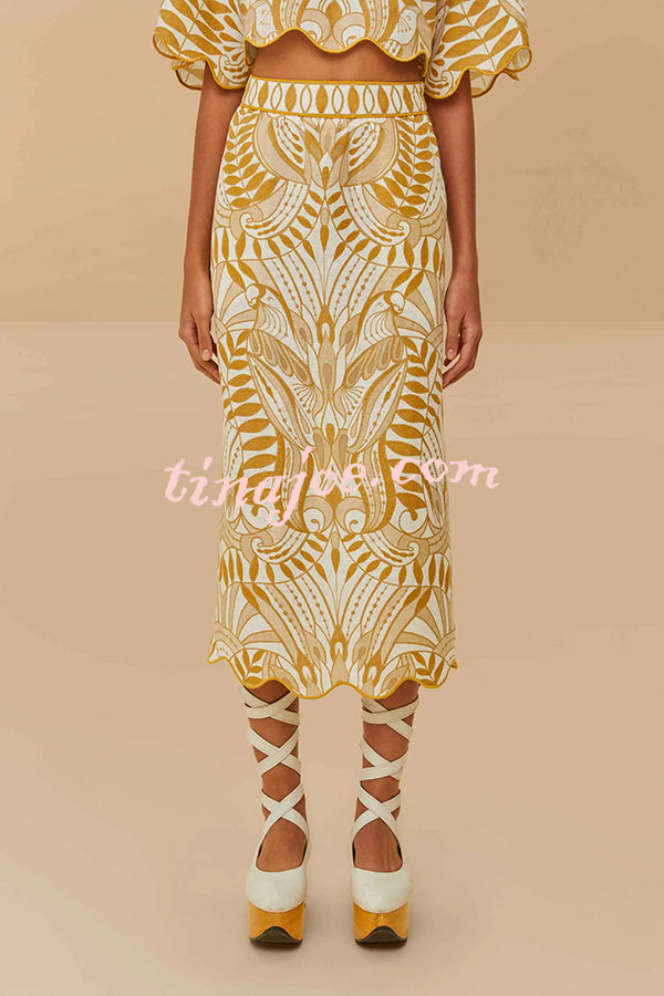 Korra Linen Blend Unique Print Wave Trim Bell Sleeve Top and Elastic Waist Pocket Midi Skirt Set