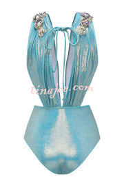 Solid Color Shiny Fabric Deep V Metal Embellished Stretch One-piece Swimsuit